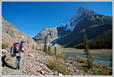 Nicole surveying upper Robson River as we approach Berg Lake.
