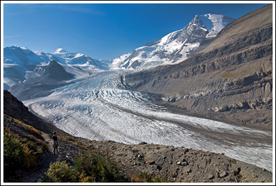 Nicole, at bottom left, overlooks the massive Robson Glacier.